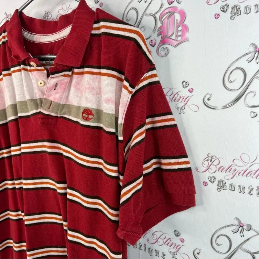 Timberland polo button up tie dye orange Red brown White Striped Polo Shirt